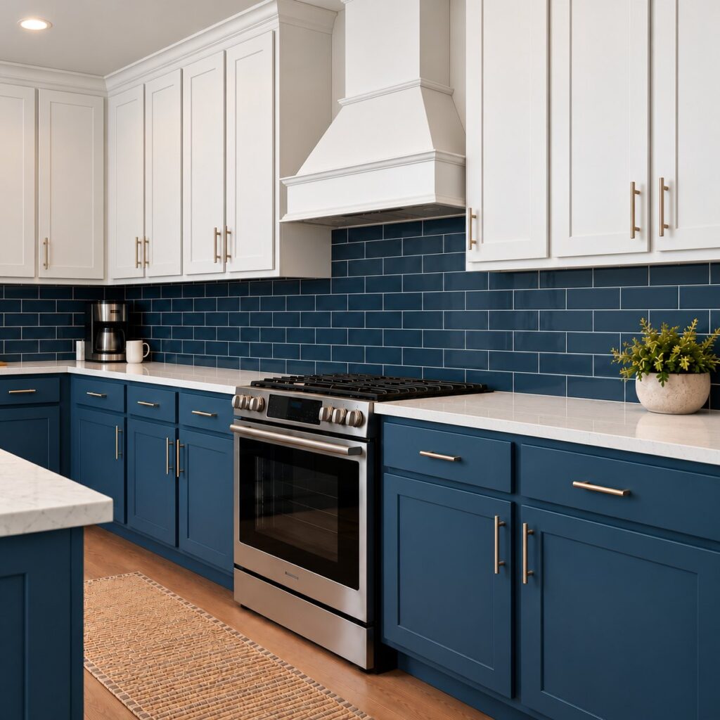 Kitchen with Heritage cabinets in Century White and Gale Force