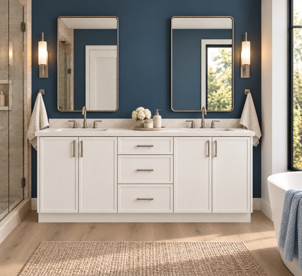 Bathroom with Pixie cabinets in Century White